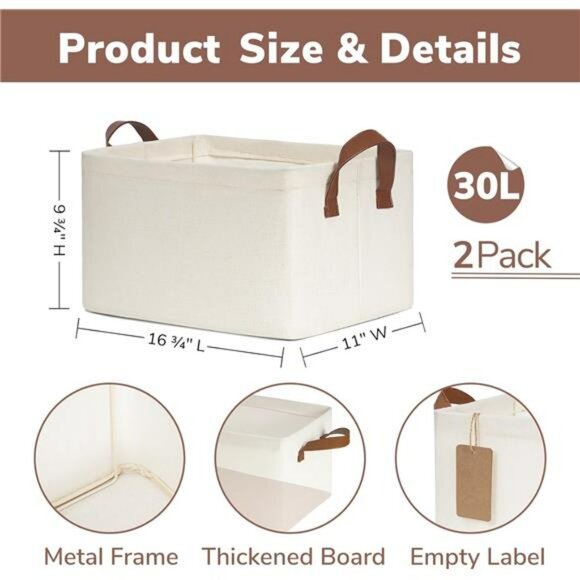 Set of 2 Large Beige Storage Bins with Handles for Closet Shelves Organizer - Picture 3 of 7